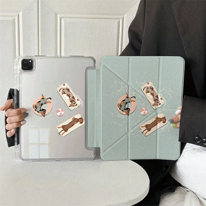 1pc Cute Dachshund Dog Sticker Style Print Clear Acrylic Back Tablet Case, Innovative Foldable Stand With Multiple Viewing Angles For Work & Entertainment, Protective Cover With Pen Slot Compatible Wi
