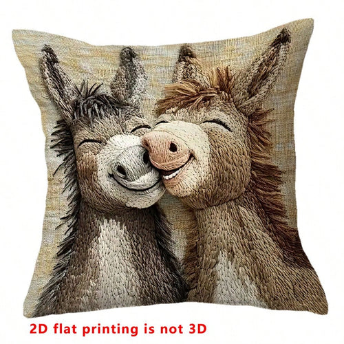 1pc Cute Donkey Pattern Single-Sided Throw Pillow Cover, Vintage Square Single-Sided Pillow Sham, Suitable For Living Room, Bedroom, Home Decor, All Season