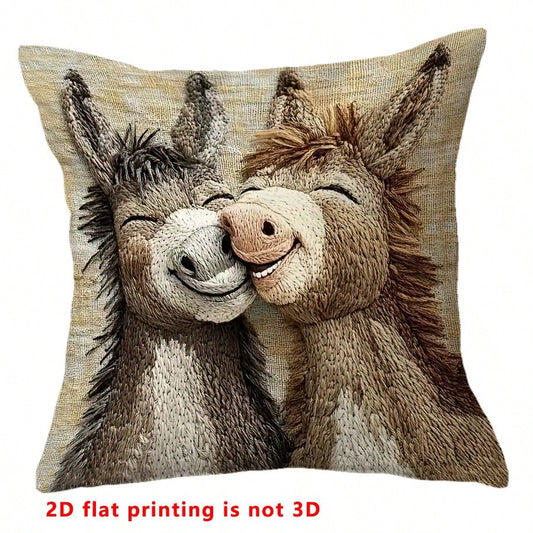 1pc Cute Donkey Pattern Single-Sided Throw Pillow Cover, Vintage Square Single-Sided Pillow Sham, Suitable For Living Room, Bedroom, Home Decor, All Season