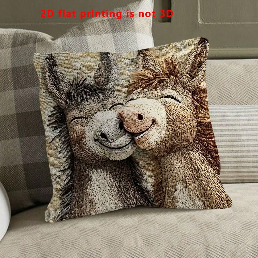 1pc Cute Donkey Pattern Single-Sided Throw Pillow Cover, Vintage Square Single-Sided Pillow Sham, Suitable For Living Room, Bedroom, Home Decor, All Season