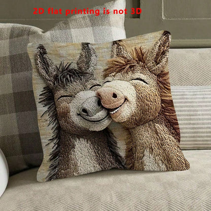 1pc Cute Donkey Pattern Single-Sided Throw Pillow Cover, Vintage Square Single-Sided Pillow Sham, Suitable For Living Room, Bedroom, Home Decor, All Season