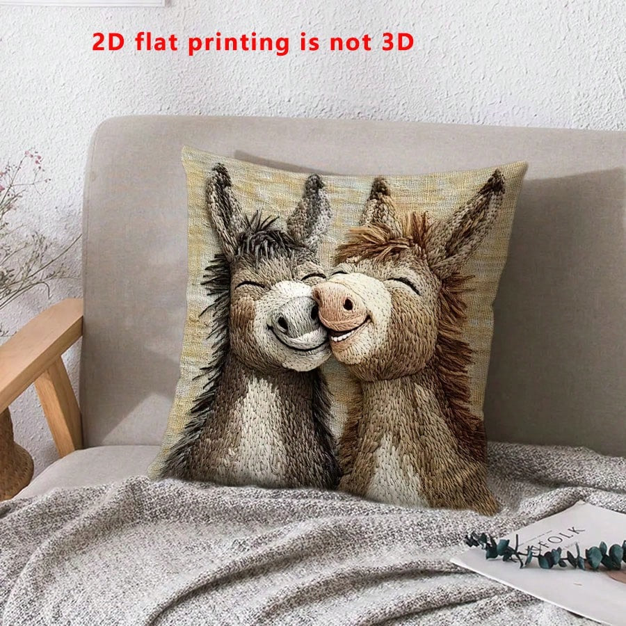 1pc Cute Donkey Pattern Single-Sided Throw Pillow Cover, Vintage Square Single-Sided Pillow Sham, Suitable For Living Room, Bedroom, Home Decor, All Season