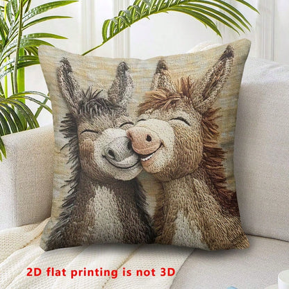1pc Cute Donkey Pattern Single-Sided Throw Pillow Cover, Vintage Square Single-Sided Pillow Sham, Suitable For Living Room, Bedroom, Home Decor, All Season