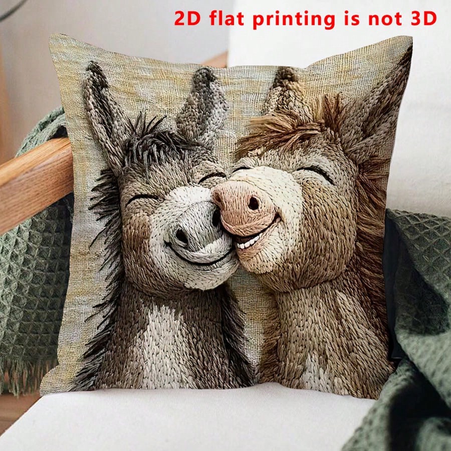 1pc Cute Donkey Pattern Single-Sided Throw Pillow Cover, Vintage Square Single-Sided Pillow Sham, Suitable For Living Room, Bedroom, Home Decor, All Season