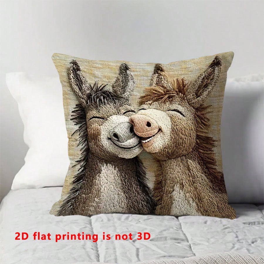1pc Cute Donkey Pattern Single-Sided Throw Pillow Cover, Vintage Square Single-Sided Pillow Sham, Suitable For Living Room, Bedroom, Home Decor, All Season