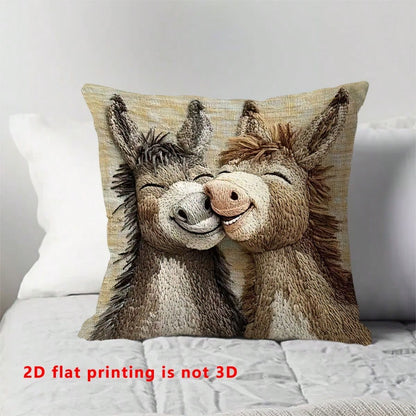 1pc Cute Donkey Pattern Single-Sided Throw Pillow Cover, Vintage Square Single-Sided Pillow Sham, Suitable For Living Room, Bedroom, Home Decor, All Season