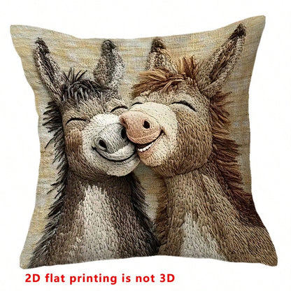 1pc Cute Donkey Pattern Single-Sided Throw Pillow Cover, Vintage Square Single-Sided Pillow Sham, Suitable For Living Room, Bedroom, Home Decor, All Season