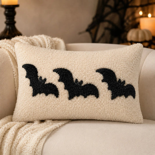 1pc Cute Halloween Bat Tufted Lumbar Pillow Cover, Soft Plush Chenille Embroidered Cushion Case 12x20 Inch, No Insert, Cozy Spooky Fall Decor For Sofa Couch Bed Home Party Gift