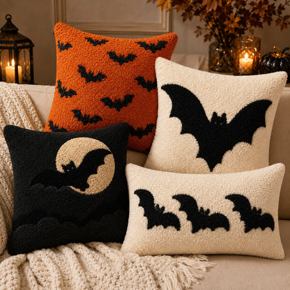 1pc Cute Halloween Bat Tufted Lumbar Pillow Cover, Soft Plush Chenille Embroidered Cushion Case 12x20 Inch, No Insert, Cozy Spooky Fall Decor For Sofa Couch Bed Home Party Gift