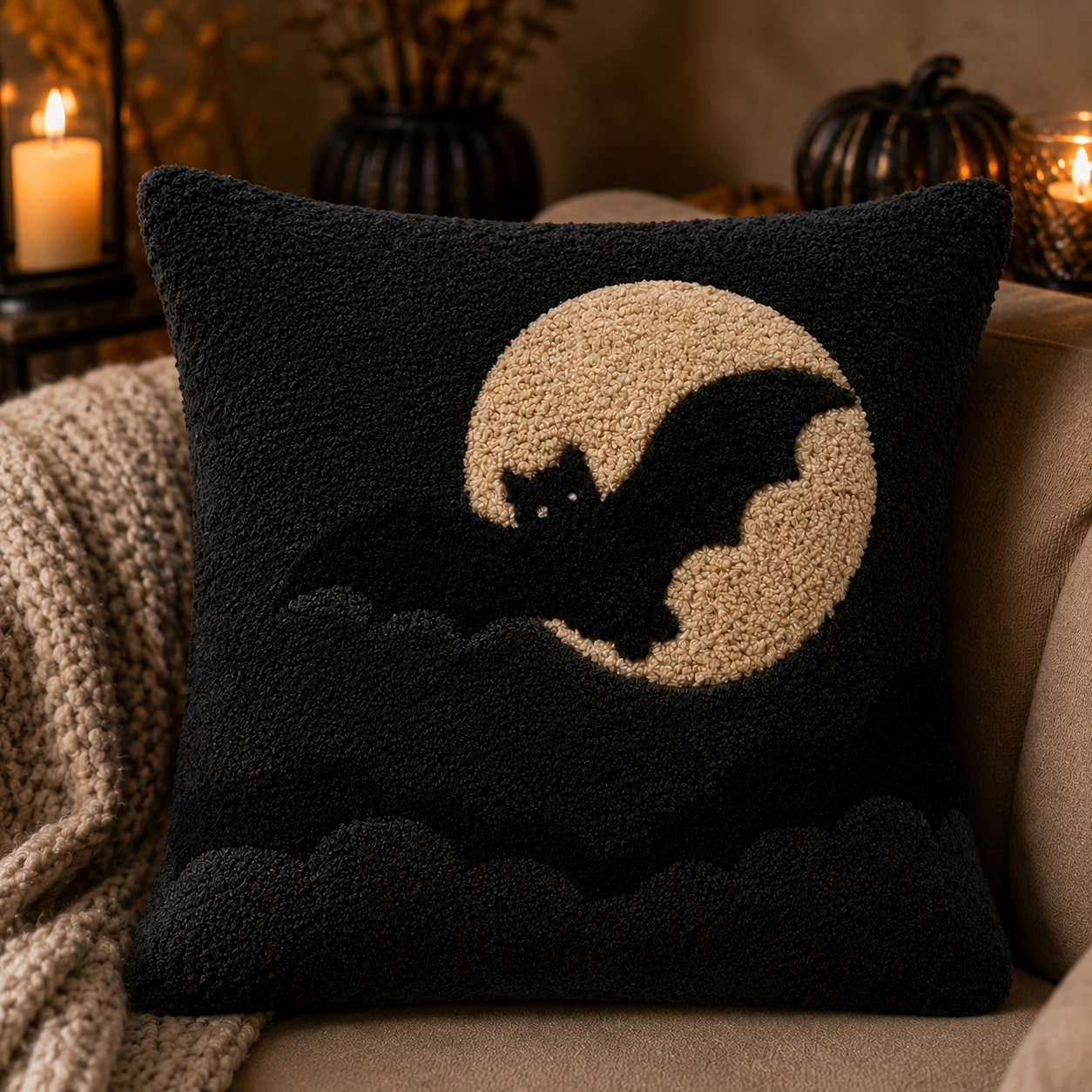 1pc Cute Halloween Bat Tufted Lumbar Pillow Cover, Soft Plush Chenille Embroidered Cushion Case 12x20 Inch, No Insert, Cozy Spooky Fall Decor For Sofa Couch Bed Home Party Gift