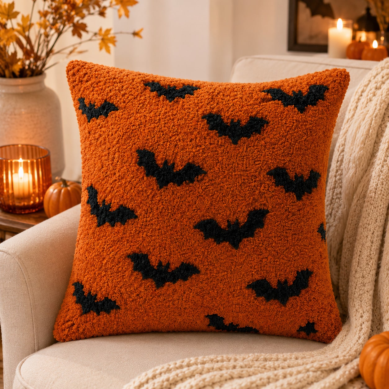 1pc Cute Halloween Bat Tufted Lumbar Pillow Cover, Soft Plush Chenille Embroidered Cushion Case 12x20 Inch, No Insert, Cozy Spooky Fall Decor For Sofa Couch Bed Home Party Gift