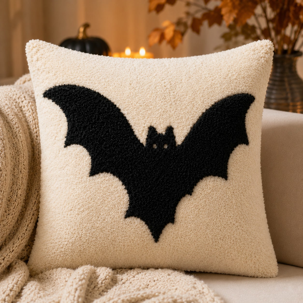 1pc Cute Halloween Bat Tufted Lumbar Pillow Cover, Soft Plush Chenille Embroidered Cushion Case 12x20 Inch, No Insert, Cozy Spooky Fall Decor For Sofa Couch Bed Home Party Gift