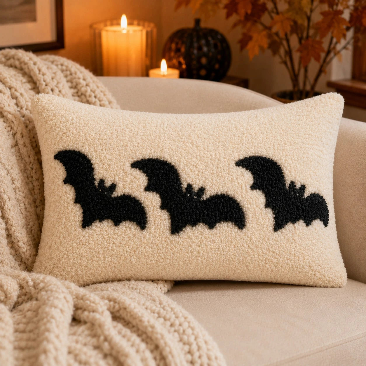 1pc Cute Halloween Bat Tufted Lumbar Pillow Cover, Soft Plush Chenille Embroidered Cushion Case 12x20 Inch, No Insert, Cozy Spooky Fall Decor For Sofa Couch Bed Home Party Gift