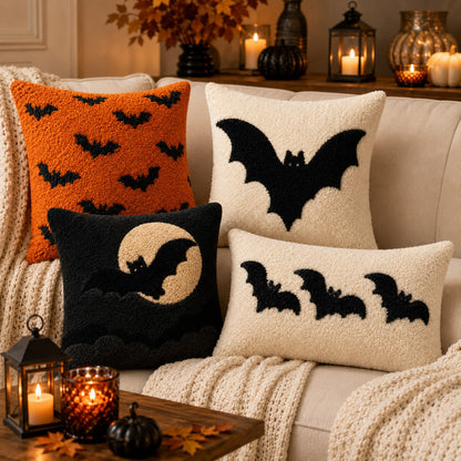 1pc Cute Halloween Bat Tufted Lumbar Pillow Cover, Soft Plush Chenille Embroidered Cushion Case 12x20 Inch, No Insert, Cozy Spooky Fall Decor For Sofa Couch Bed Home Party Gift