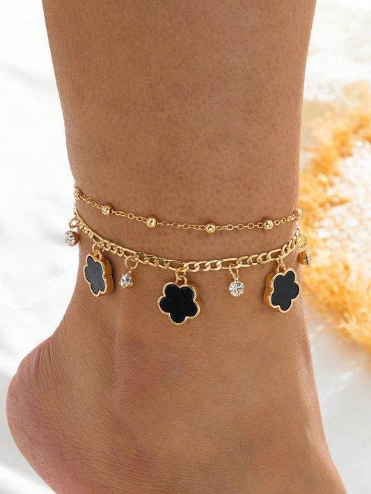 1pc Dreamy Exquisite Elegant High-End Radiant Black Clover Pendant Anklet For Girls (Due To Handmade Cutting, The Number Of Beads On The Chain May Vary, But The Final Length Remains The Same)
