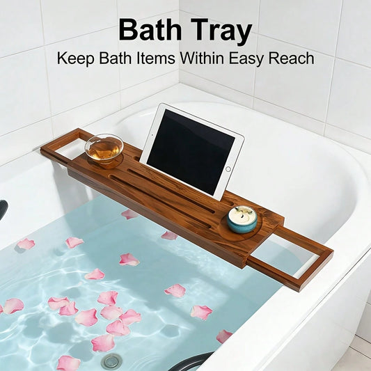 1pc Expandable Bamboo Bathtub Tray| Wine Holder, Phone Slot & Bookrest, Anti-Slip Design, Foldable For Easy Storage,Retro Teak Bathtub Organizer Caddy, Expandable & Adjustable With Bookrest, Easy Sto