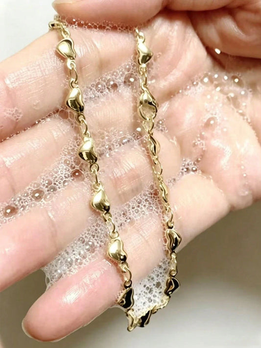 1pc Fashionable Minimalist Stainless Steel Gold 3D Heart Waterproof Non-Fading Adjustable Extension Chain Anklet, Versatile Beach Vacation Gift For Girls And Best Friends