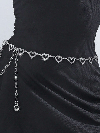 1pc Fashionable Simple Heart Shaped Rhinestone Decorated Alloy Waist Chain For Women Dress