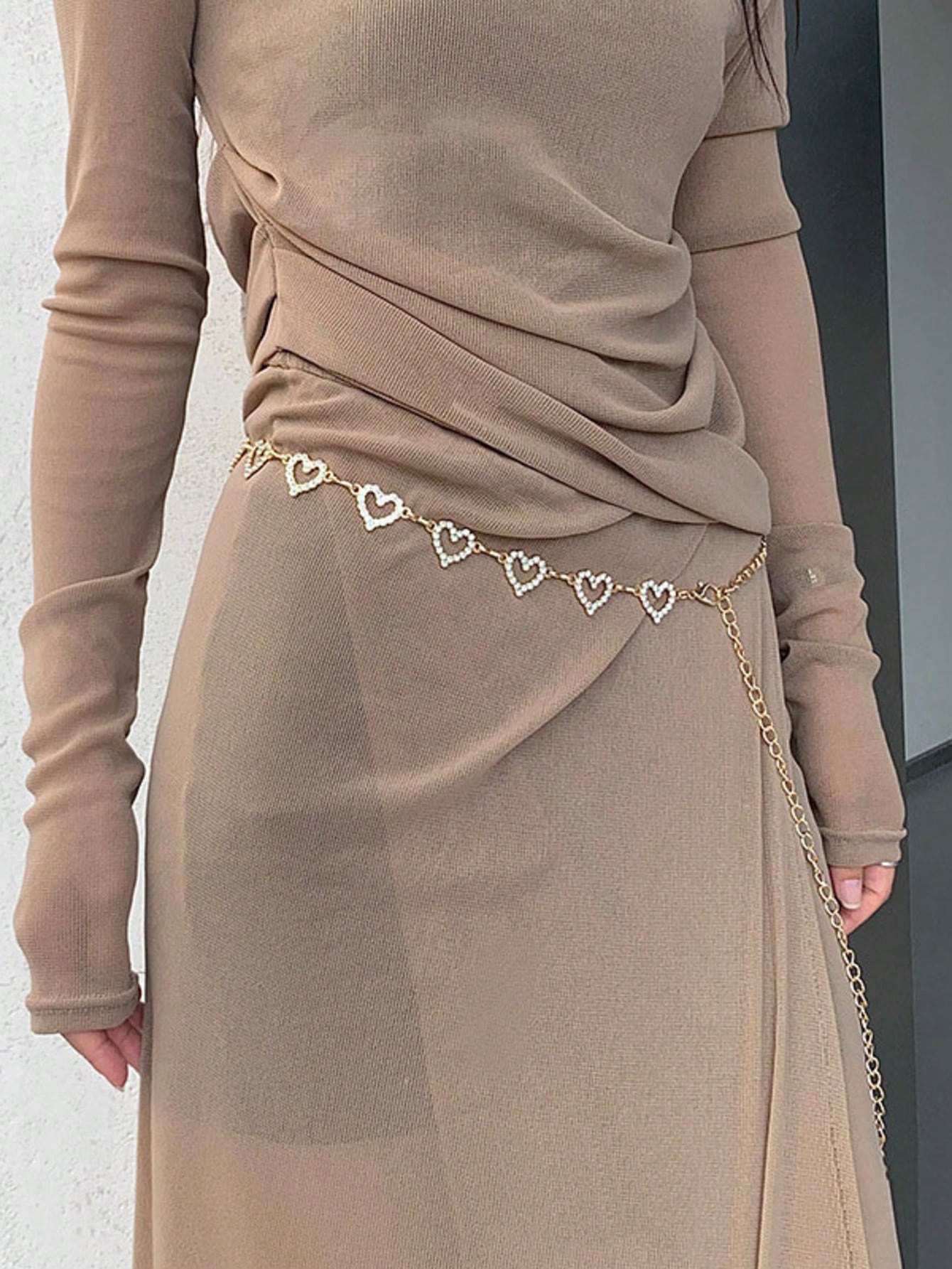 1pc Fashionable Simple Heart Shaped Rhinestone Decorated Alloy Waist Chain For Women Dress