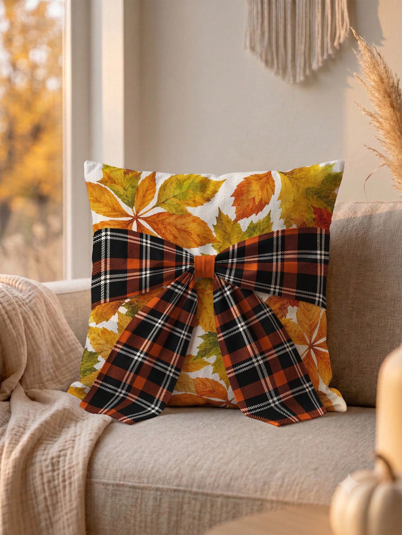 1pc Faux Linen Autumn Maple Leaf Pattern Plaid Bow Tie Decor Cushion Cover, Single-Sided Printed Faux Linen Polyester Material, 45*45CM/18*18inch Pillowcase Suitable For Room Decoration, Modern Minima
