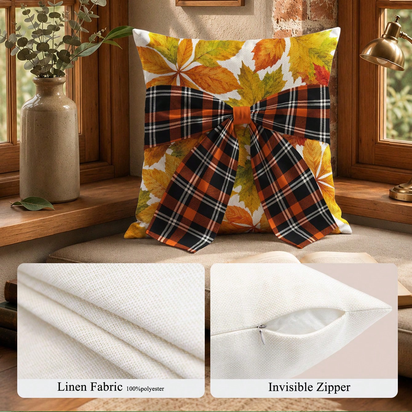 1pc Faux Linen Autumn Maple Leaf Pattern Plaid Bow Tie Decor Cushion Cover, Single-Sided Printed Faux Linen Polyester Material, 45*45CM/18*18inch Pillowcase Suitable For Room Decoration, Modern Minima