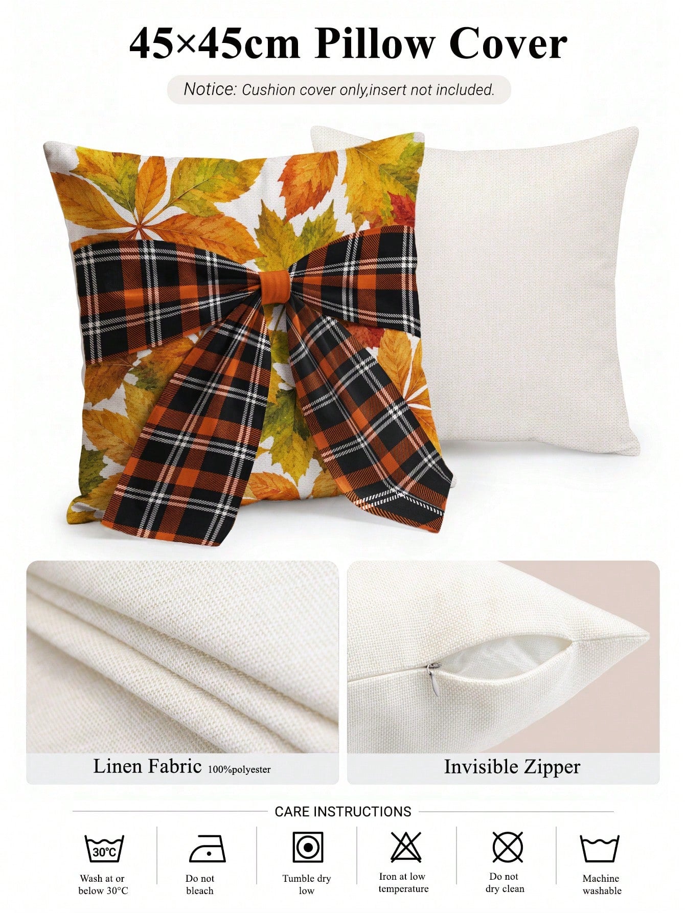 1pc Faux Linen Autumn Maple Leaf Pattern Plaid Bow Tie Decor Cushion Cover, Single-Sided Printed Faux Linen Polyester Material, 45*45CM/18*18inch Pillowcase Suitable For Room Decoration, Modern Minima