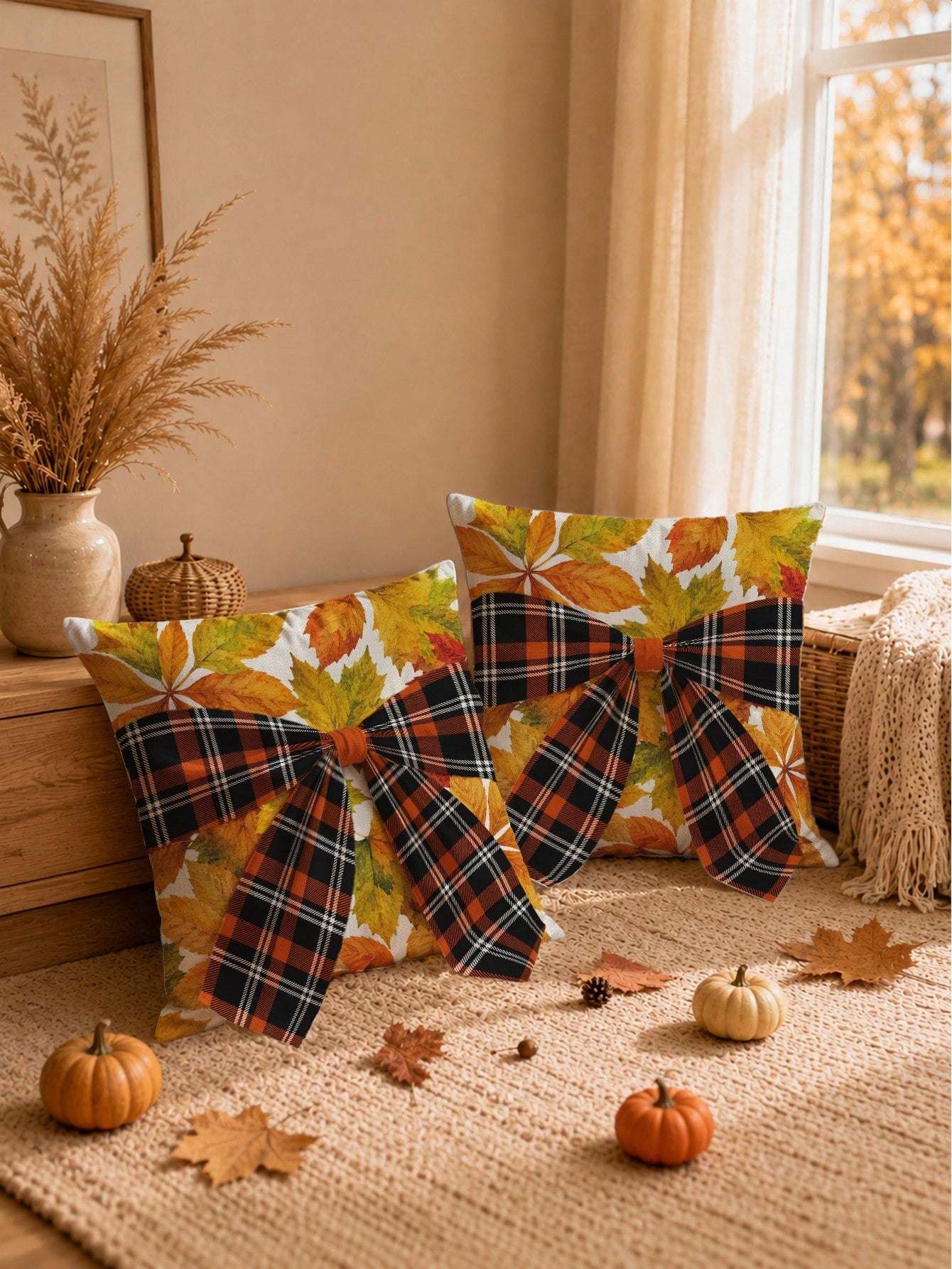 1pc Faux Linen Autumn Maple Leaf Pattern Plaid Bow Tie Decor Cushion Cover, Single-Sided Printed Faux Linen Polyester Material, 45*45CM/18*18inch Pillowcase Suitable For Room Decoration, Modern Minima