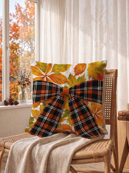 1pc Faux Linen Autumn Maple Leaf Pattern Plaid Bow Tie Decor Cushion Cover, Single-Sided Printed Faux Linen Polyester Material, 45*45CM/18*18inch Pillowcase Suitable For Room Decoration, Modern Minima