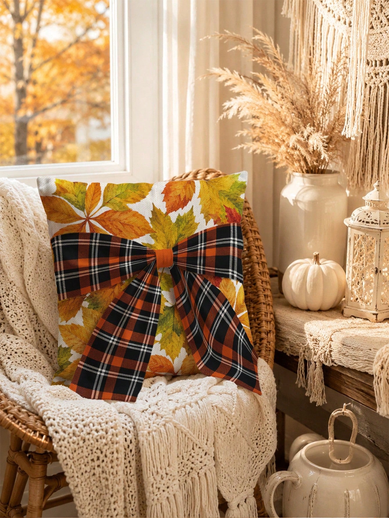 1pc Faux Linen Autumn Maple Leaf Pattern Plaid Bow Tie Decor Cushion Cover, Single-Sided Printed Faux Linen Polyester Material, 45*45CM/18*18inch Pillowcase Suitable For Room Decoration, Modern Minima