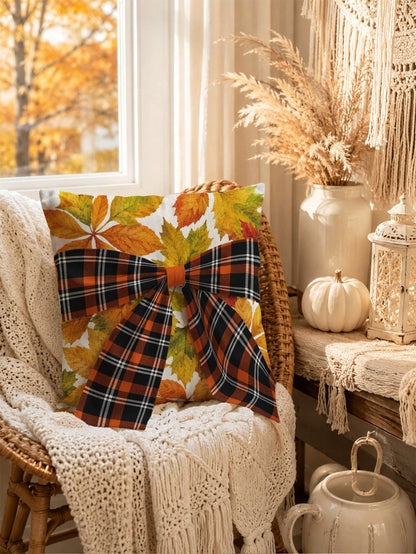 1pc Faux Linen Autumn Maple Leaf Pattern Plaid Bow Tie Decor Cushion Cover, Single-Sided Printed Faux Linen Polyester Material, 45*45CM/18*18inch Pillowcase Suitable For Room Decoration, Modern Minima