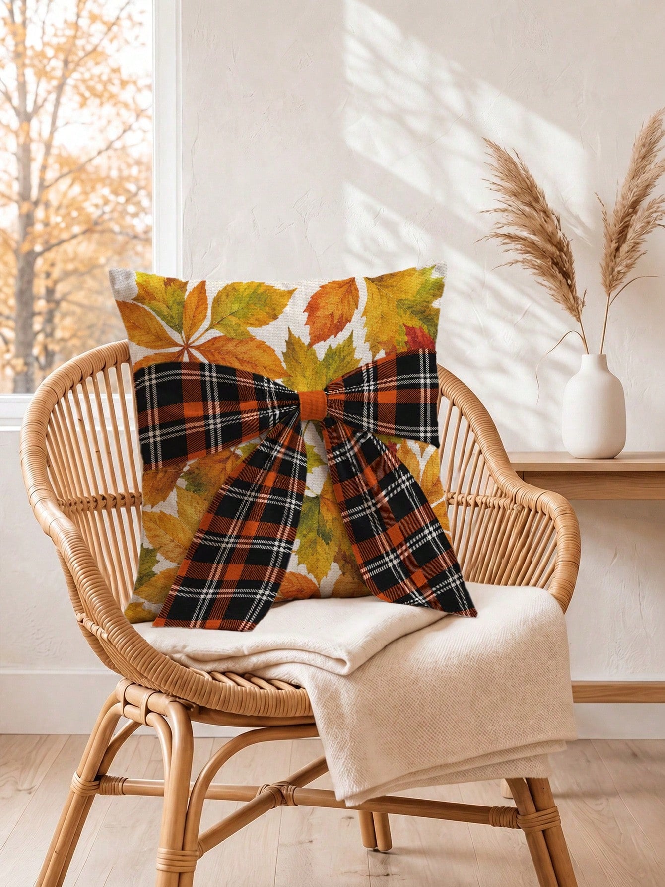 1pc Faux Linen Autumn Maple Leaf Pattern Plaid Bow Tie Decor Cushion Cover, Single-Sided Printed Faux Linen Polyester Material, 45*45CM/18*18inch Pillowcase Suitable For Room Decoration, Modern Minima