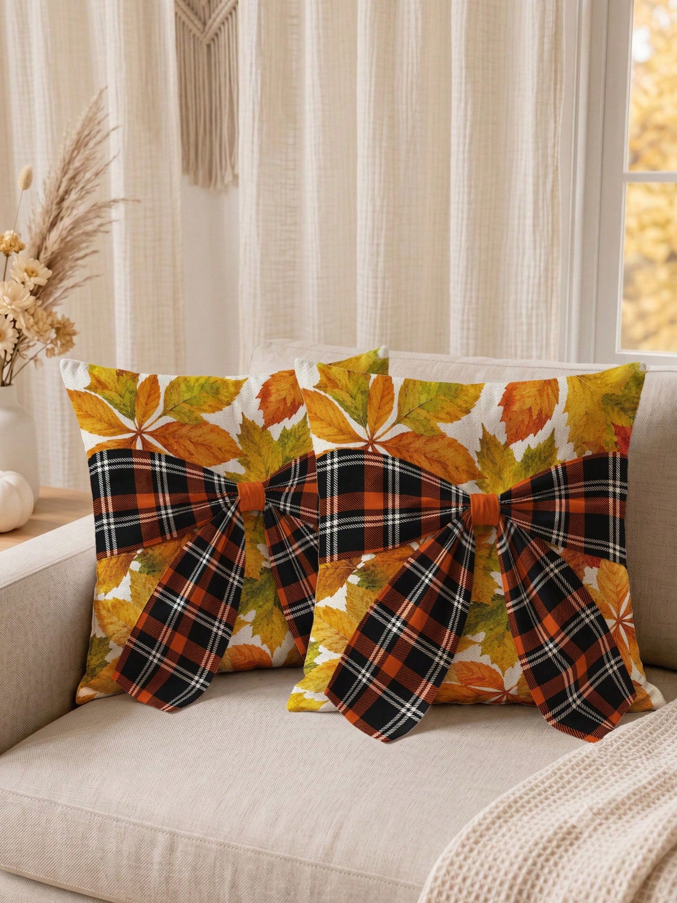 1pc Faux Linen Autumn Maple Leaf Pattern Plaid Bow Tie Decor Cushion Cover, Single-Sided Printed Faux Linen Polyester Material, 45*45CM/18*18inch Pillowcase Suitable For Room Decoration, Modern Minima