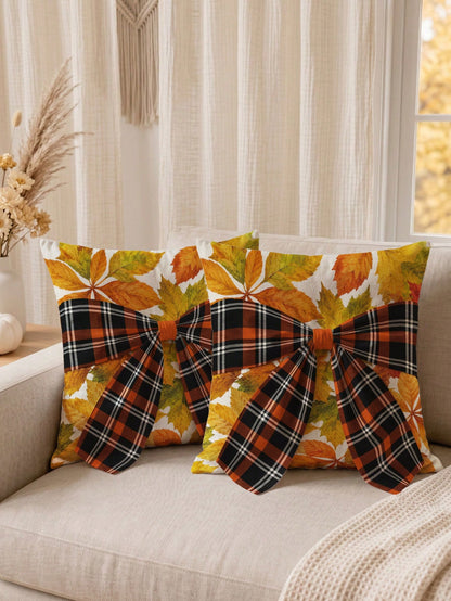 1pc Faux Linen Autumn Maple Leaf Pattern Plaid Bow Tie Decor Cushion Cover, Single-Sided Printed Faux Linen Polyester Material, 45*45CM/18*18inch Pillowcase Suitable For Room Decoration, Modern Minima