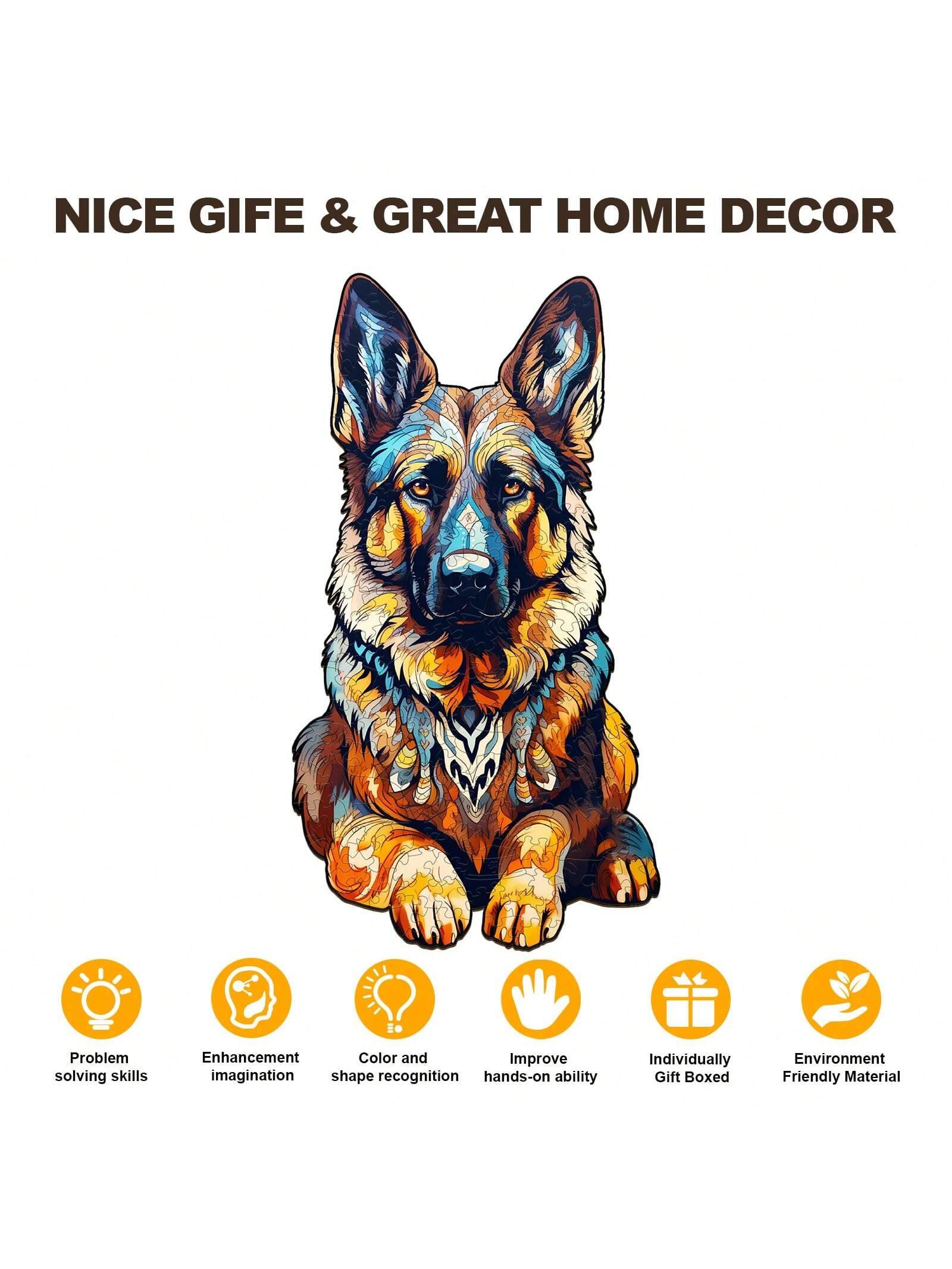 1PC German Shepherd Wooden Irregular Puzzle, Animal-Shaped 2D Jigsaw Toy For Kids And Adults. Educational Game, Great Gift For Party, Holiday, Christmas And Birthday. Unique Magical Desktop Decor & Cr