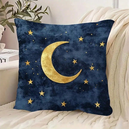 1pc Gold Moon & Star Decorative Pillow Cover, Blue Starry Night Sky Design, 18"X18", Soft Plush, Zippered, For Living Room Sofa Bedroom Decor, Pillow Insert Not Included