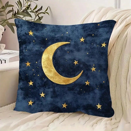 1pc Gold Moon & Star Decorative Pillow Cover, Blue Starry Night Sky Design, 18"X18", Soft Plush, Zippered, For Living Room Sofa Bedroom Decor, Pillow Insert Not Included
