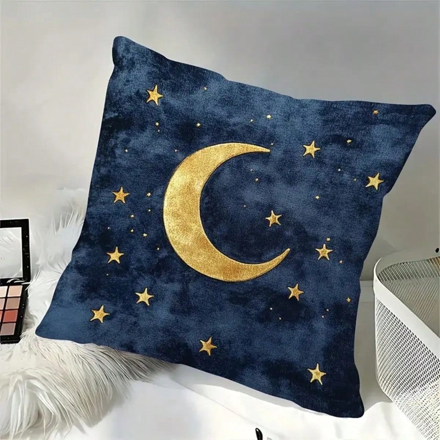 1pc Gold Moon & Star Decorative Pillow Cover, Blue Starry Night Sky Design, 18"X18", Soft Plush, Zippered, For Living Room Sofa Bedroom Decor, Pillow Insert Not Included