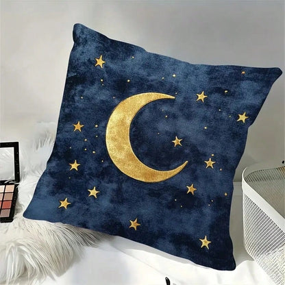 1pc Gold Moon & Star Decorative Pillow Cover, Blue Starry Night Sky Design, 18"X18", Soft Plush, Zippered, For Living Room Sofa Bedroom Decor, Pillow Insert Not Included