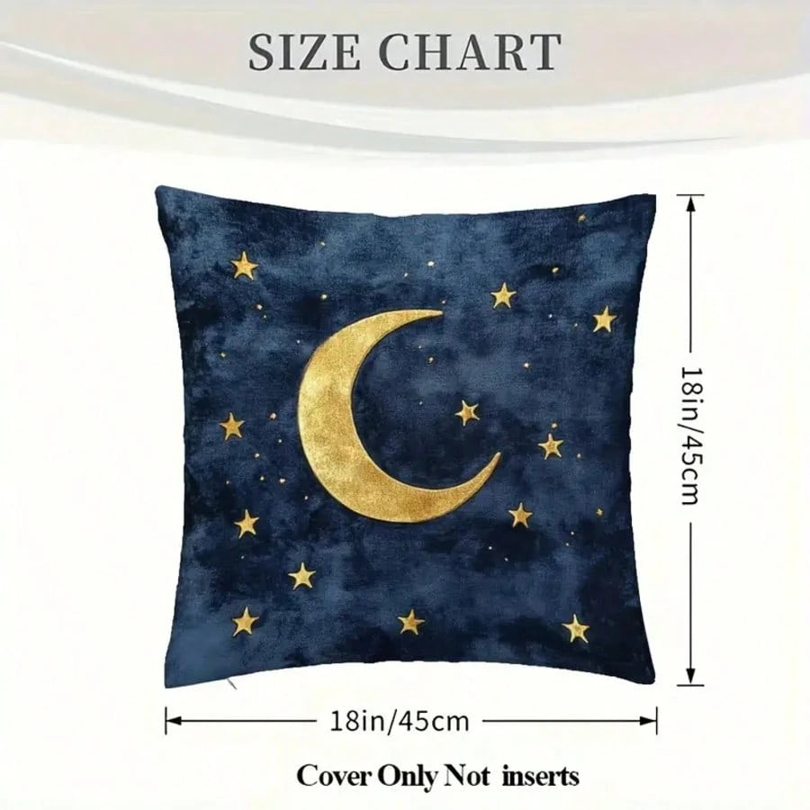 1pc Gold Moon & Star Decorative Pillow Cover, Blue Starry Night Sky Design, 18"X18", Soft Plush, Zippered, For Living Room Sofa Bedroom Decor, Pillow Insert Not Included