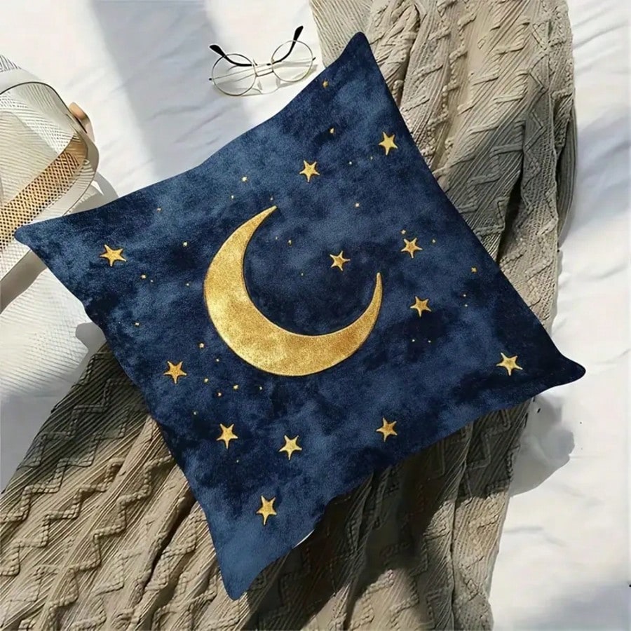 1pc Gold Moon & Star Decorative Pillow Cover, Blue Starry Night Sky Design, 18"X18", Soft Plush, Zippered, For Living Room Sofa Bedroom Decor, Pillow Insert Not Included