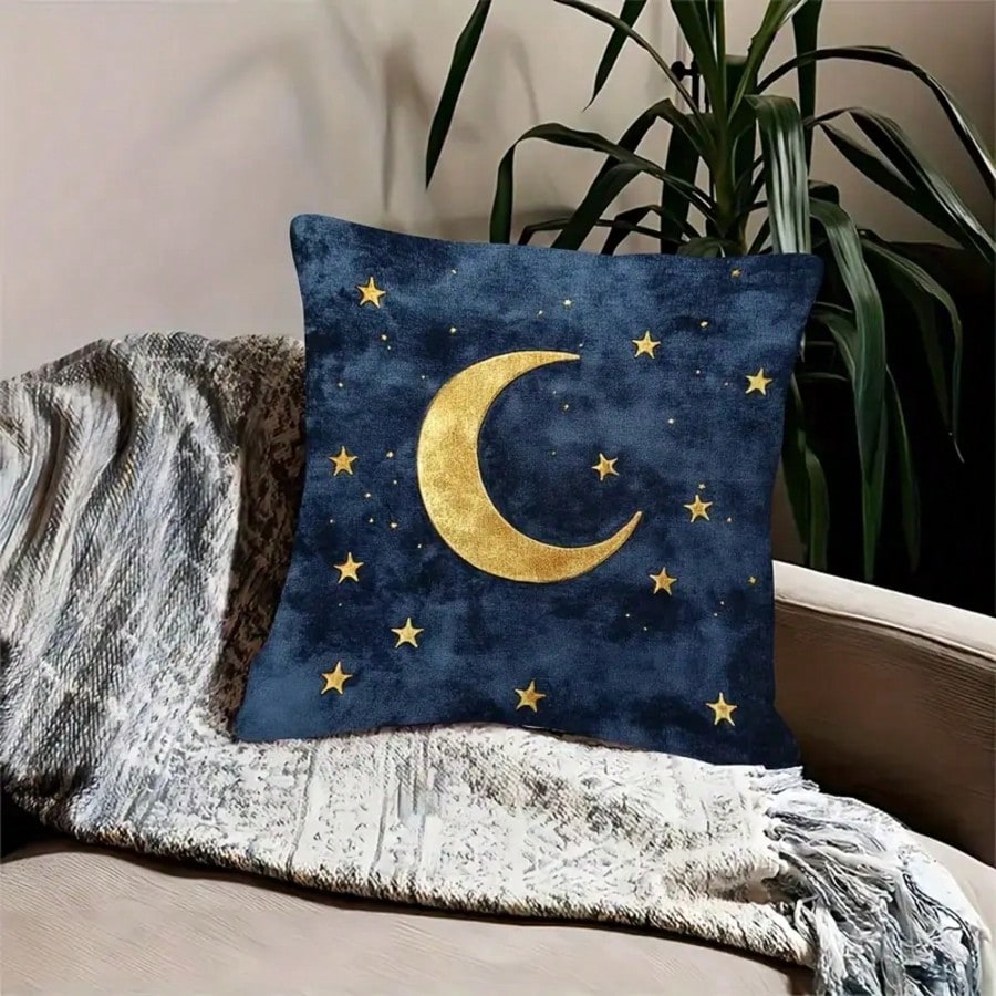 1pc Gold Moon & Star Decorative Pillow Cover, Blue Starry Night Sky Design, 18"X18", Soft Plush, Zippered, For Living Room Sofa Bedroom Decor, Pillow Insert Not Included