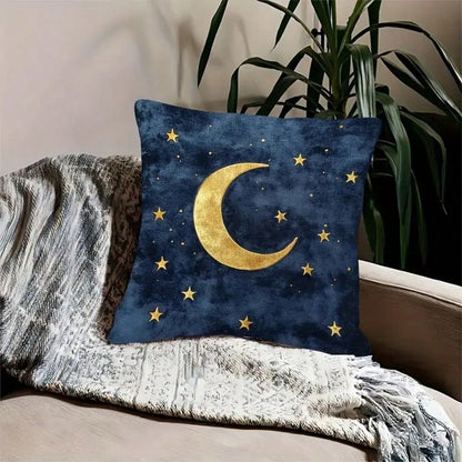 1pc Gold Moon & Star Decorative Pillow Cover, Blue Starry Night Sky Design, 18"X18", Soft Plush, Zippered, For Living Room Sofa Bedroom Decor, Pillow Insert Not Included