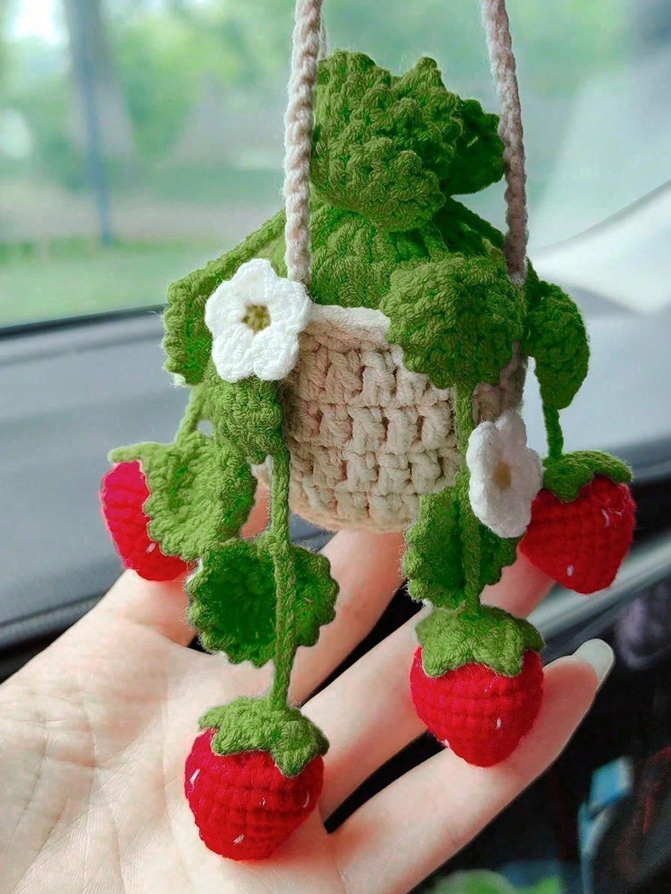 1pc Handmade Crochet Hanging Succulent Planter, Creative Car Rearview Mirror Hanging Green Plant Decor