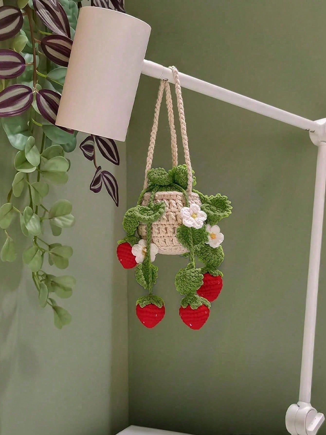 1pc Handmade Crochet Hanging Succulent Planter, Creative Car Rearview Mirror Hanging Green Plant Decor