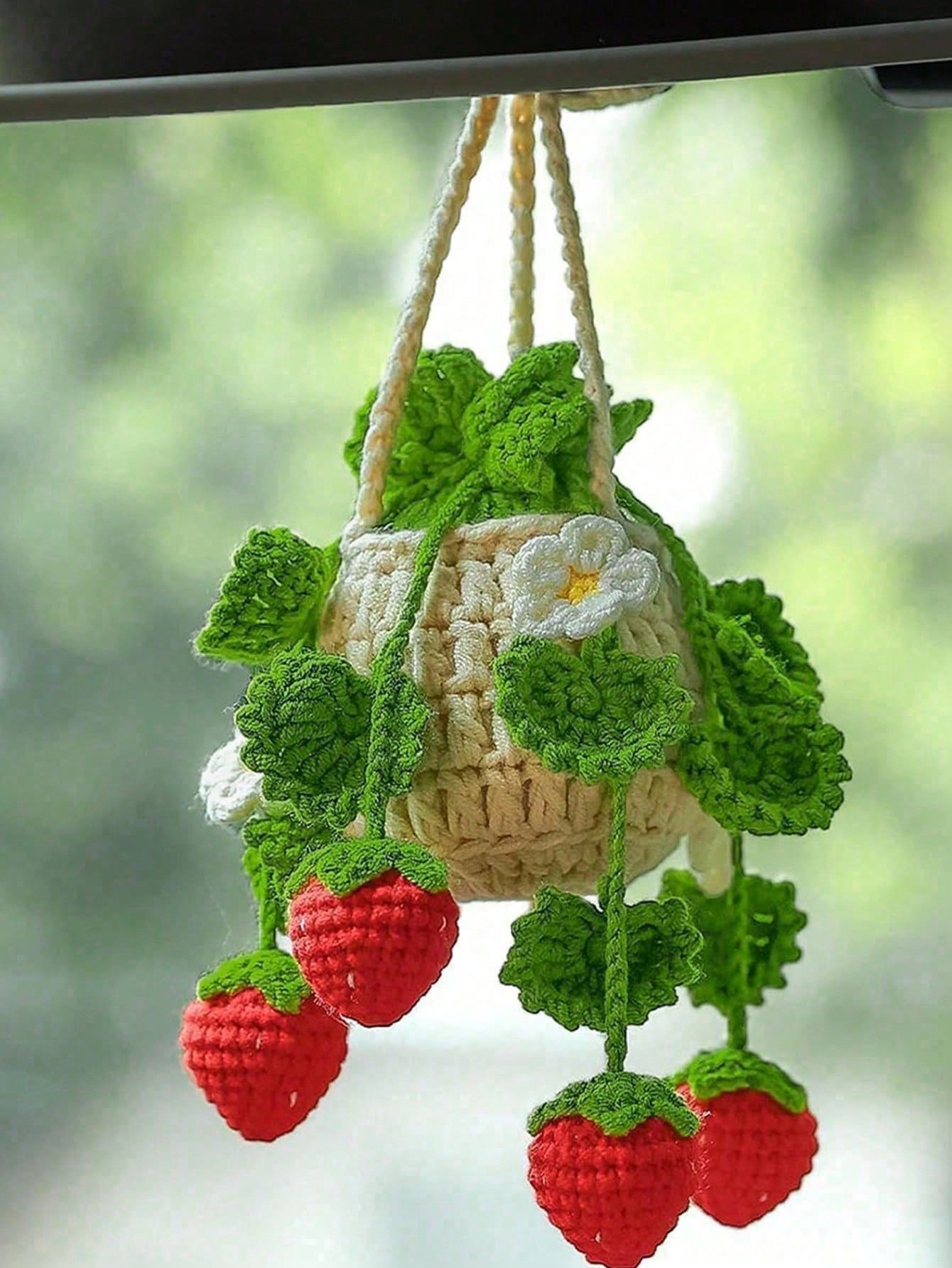1pc Handmade Crochet Hanging Succulent Planter, Creative Car Rearview Mirror Hanging Green Plant Decor