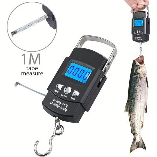 1pc Mini Digital Hand Scale With Tape Measure, Portable Battery Powered Fishing Bag Scale, High Precision 50kg/110.23lb, Lightweight, Black, Suitable For Travel, Fishing, Home Use, Durable Plastic, Ea