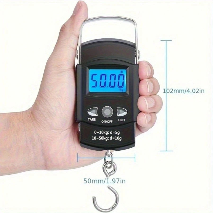 1pc Mini Digital Hand Scale With Tape Measure, Portable Battery Powered Fishing Bag Scale, High Precision 50kg/110.23lb, Lightweight, Black, Suitable For Travel, Fishing, Home Use, Durable Plastic, Ea