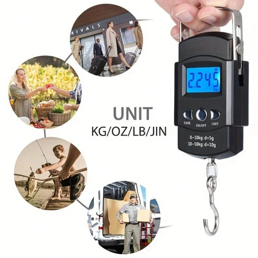 1pc Mini Digital Hand Scale With Tape Measure, Portable Battery Powered Fishing Bag Scale, High Precision 50kg/110.23lb, Lightweight, Black, Suitable For Travel, Fishing, Home Use, Durable Plastic, Ea