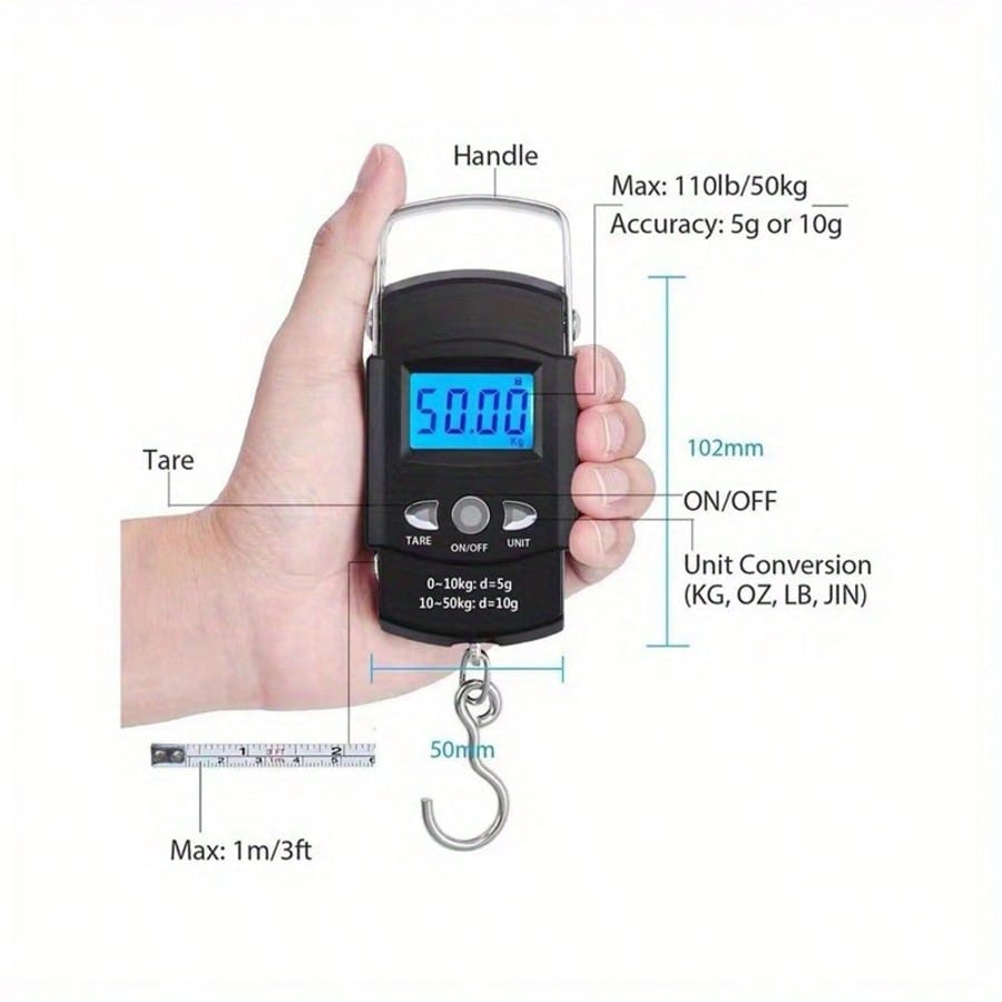 1pc Mini Digital Hand Scale With Tape Measure, Portable Battery Powered Fishing Bag Scale, High Precision 50kg/110.23lb, Lightweight, Black, Suitable For Travel, Fishing, Home Use, Durable Plastic, Ea
