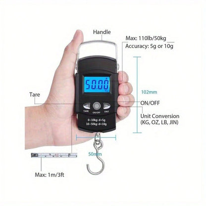 1pc Mini Digital Hand Scale With Tape Measure, Portable Battery Powered Fishing Bag Scale, High Precision 50kg/110.23lb, Lightweight, Black, Suitable For Travel, Fishing, Home Use, Durable Plastic, Ea